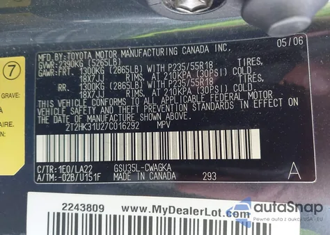 2007 Lexus Rx 350 from USA, damaged, VIN 2T2HK31U27C016292